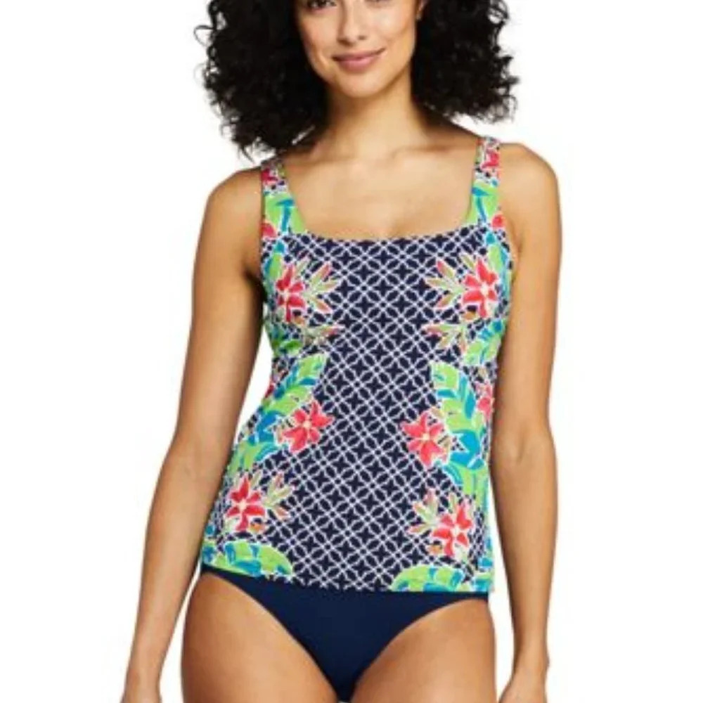 Lane Ends Square Neck Underwire Tankini Top Swimsuit Adjustable Straps Size 14L